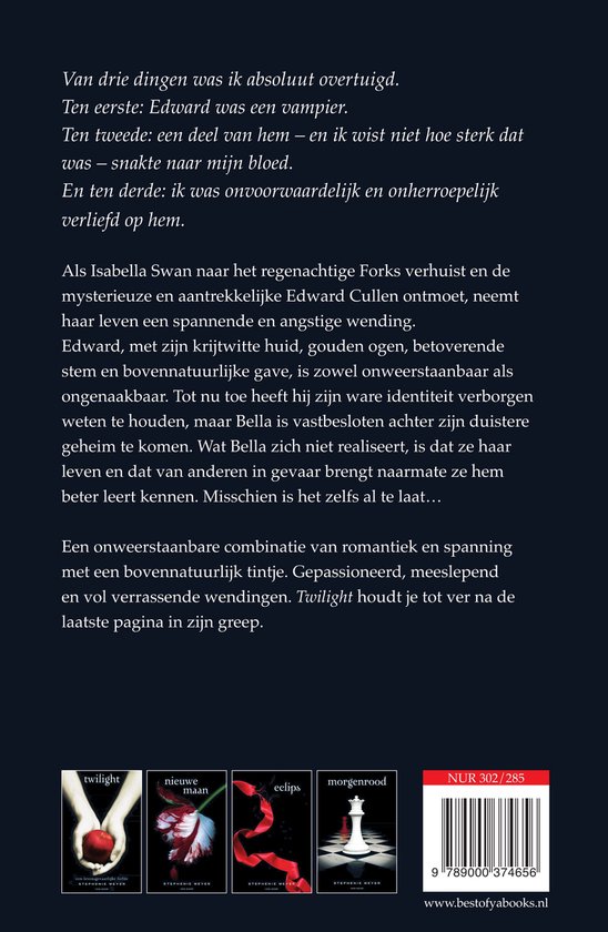 Boekomslag met vier boekillustraties: Twilight, Nieuwe Maan, Eclipse, Morgenrood. Titel: "Twilight".