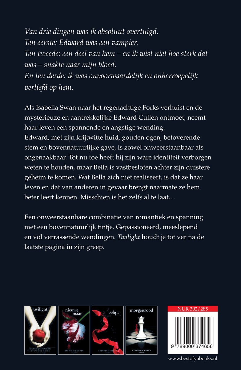 Boekomslag met vier boekillustraties: Twilight, Nieuwe Maan, Eclipse, Morgenrood. Titel: "Twilight".