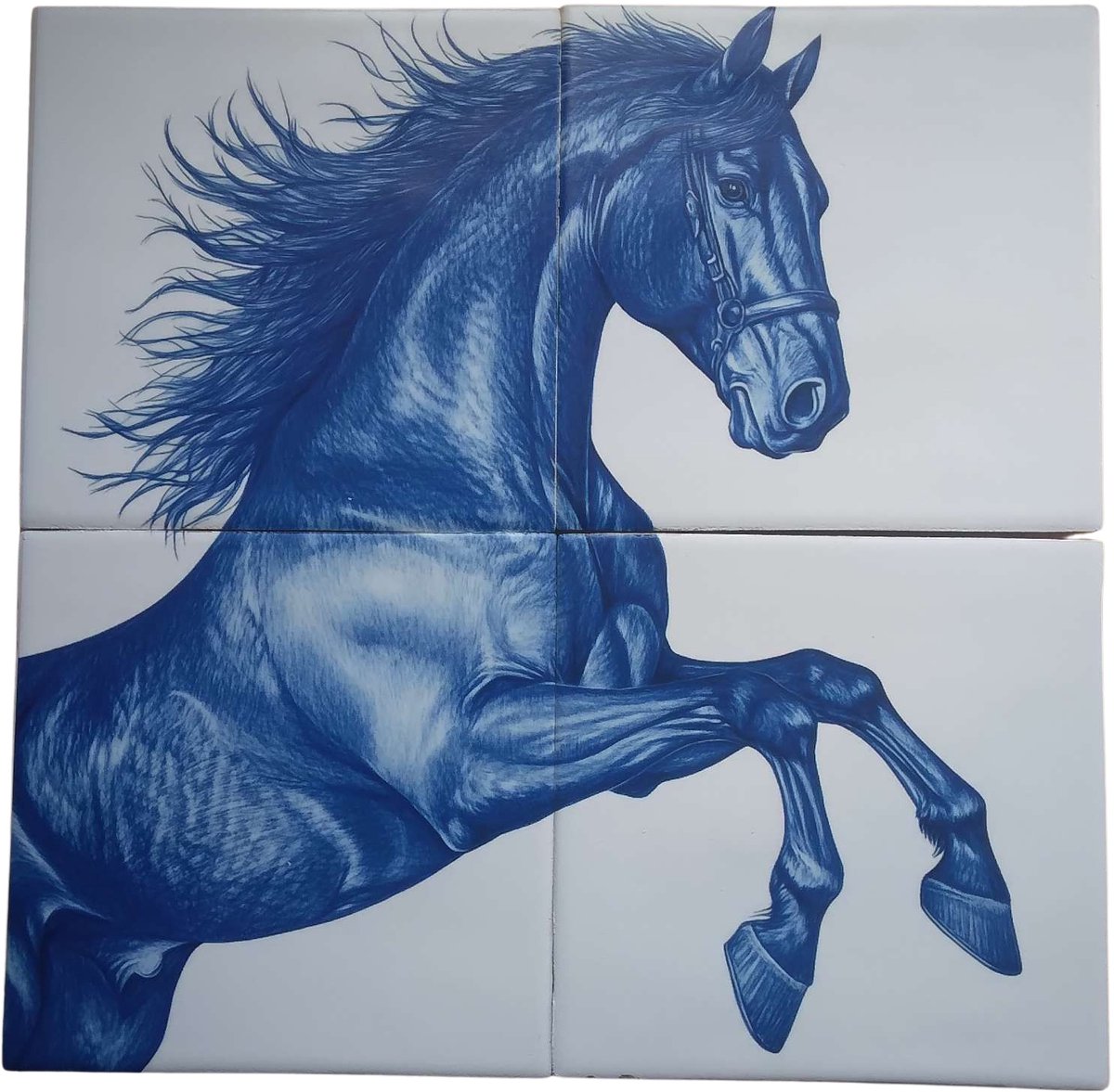 MadDeco Nederlands fabrikaat steigerend paard op plateau van 4 tegels Friese Witjes 13 x 13 cm per tegel