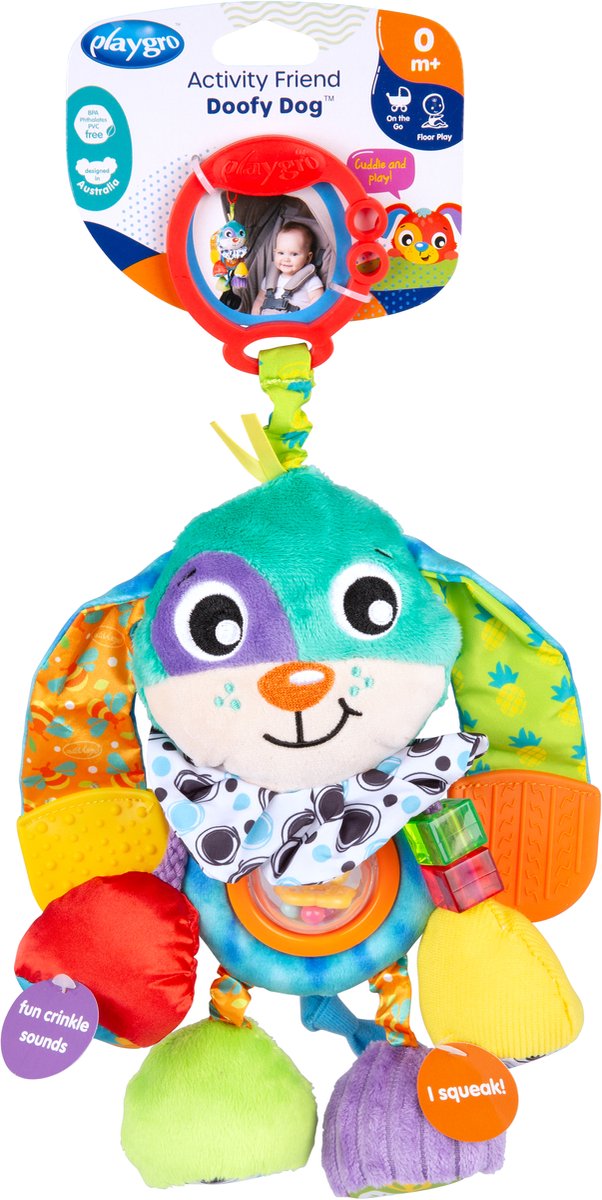 Playgro Activity Friend Dixie Dog, Jouet d'Éveil – Peluche Interactive Multisensorielle avec Hochets, Couleurs Contrastées, Anneau de Dentition et Clip, Pink