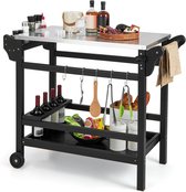 Bol.com COSTWAY Grillwagen van HDPE grilltafel met kruidendienblad wijnflessenrek handvat & 2 wielen werkblad van roestvrij staa... aanbieding