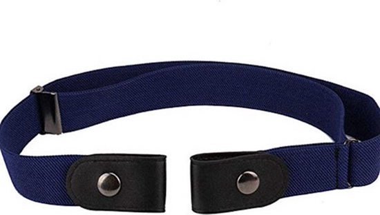 Ceinture élastique bleu marine avec boucles noires en cuir et fermoir métallique.