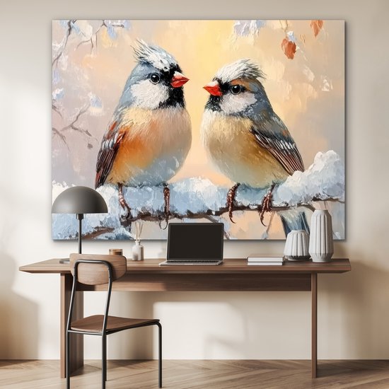 Aluminium schilderij 160x120 cm - Wanddecoratie metaal - Vogels - Tak - Winter - Sneeuw - Metalen muurdecoratie woonkamer - Decoratie industrieel - Foto op dibond - Industriële accessoires slaapkamer