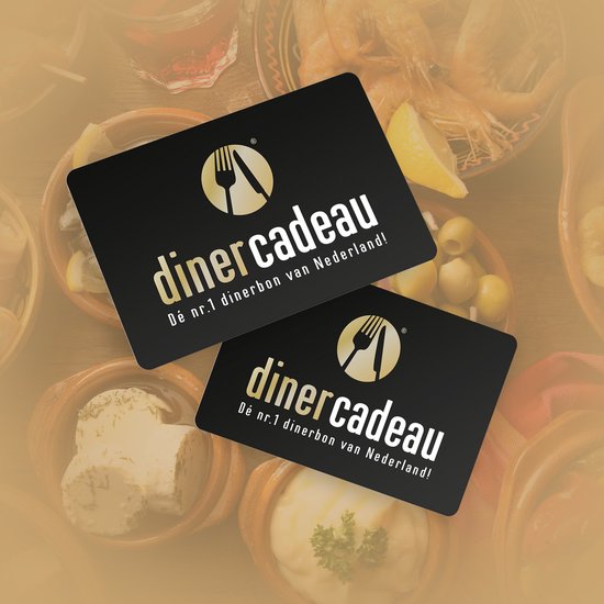 Twee Diner Cadeau kaarten met gouden bestek logo, Dé nr.1 dinerbon van Nederland! op zwarte achtergrond.