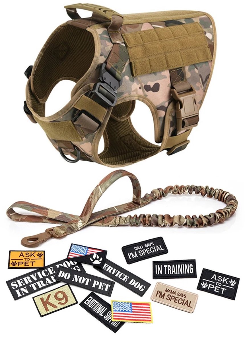 DreamPawz - Hondenharnas Set - Tactical Honden Tuigje met Leiband & 12 Patches - K9 - Camouflage - Anti-Trek Harnas - Extra Controle - M