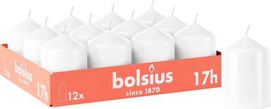 Bolsius - Gladde Stompkaarsen - 12 stuks - Wit - 17 branduren - 8 x 5,8 cm