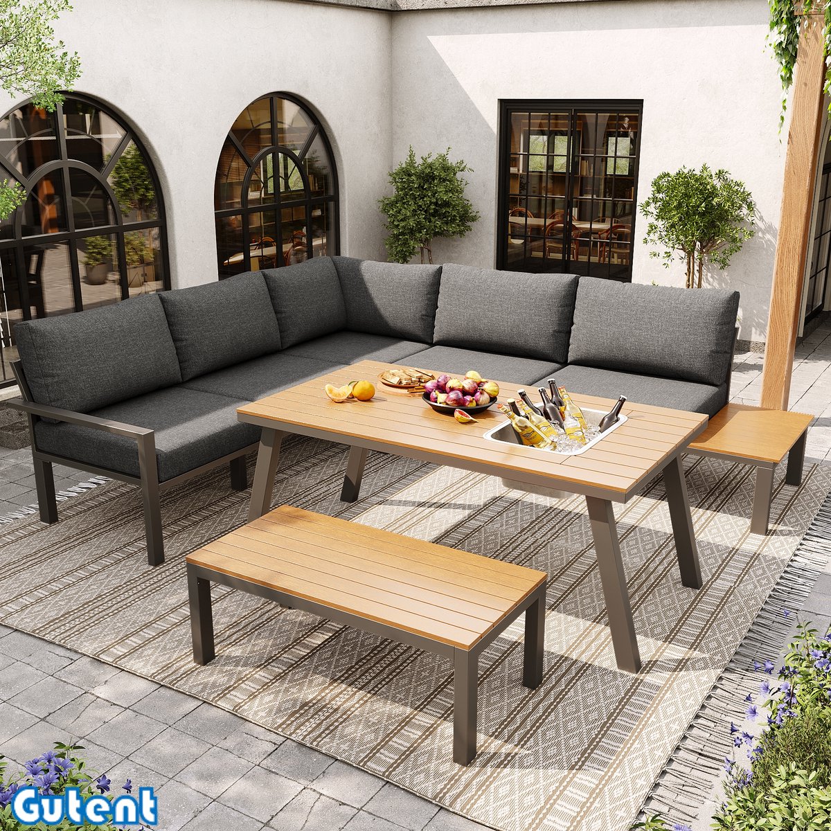 Gutent Tuinrelaxset - 6-7 personen - Gegalvaniseerd ijzeren frame - Tafelblad met ijsemmer - Grijs en Hout
