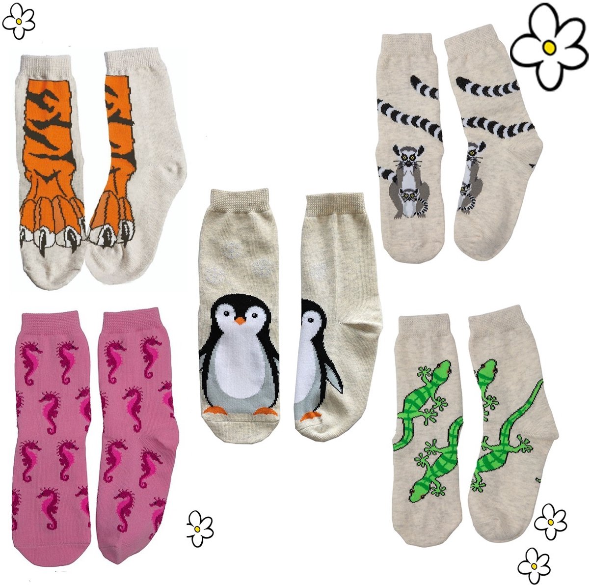 Nature Planet Beestenboel kindersokken, set van 5, mooie kwaliteit katoen (100% Oeko-tex gecertificeerd), maat 23-28