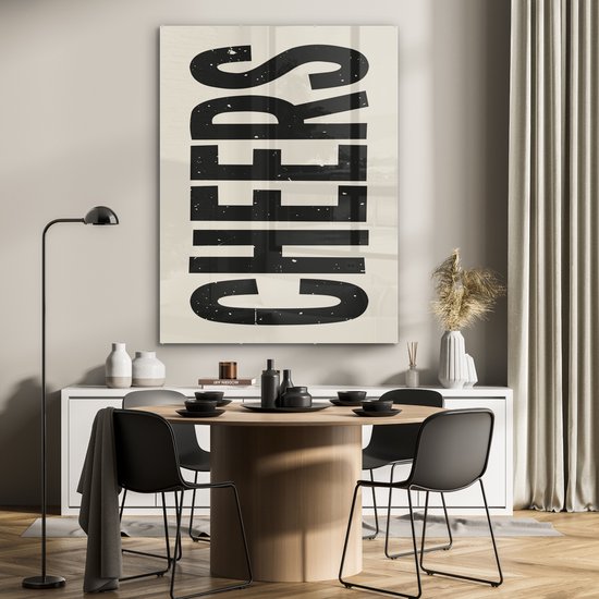 MuchoWow® Glasschilderij 90x120 cm - Schilderij acrylglas - Cheers - Japandi - Zwart - Letters - Foto op glas - Muurdecoratie woonkamer - Wanddecoratie slaapkamer - Schilderijen