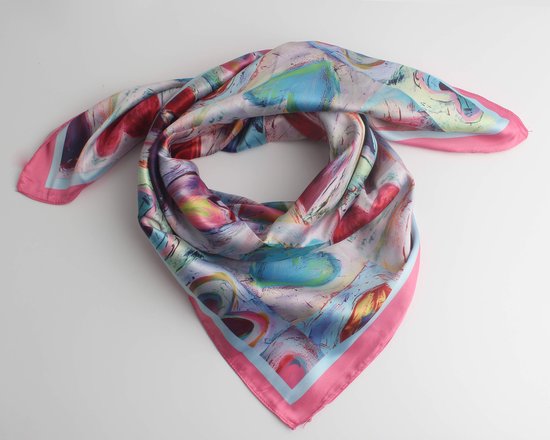 Lucinda bandana- Accessories Junkie Amsterdam- Geweven- Hart print- Dames- Viscose -Vierkant- 70*70cm- Hals doekje- Sjaaltje- Bandana- Blauw roze