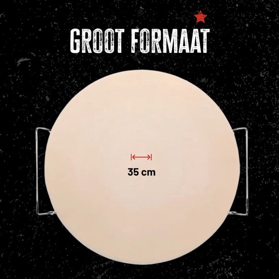 Lichte ronde pizzasteen met metalen handvatten aan de zijkant, met de aanduiding '35 cm'.
