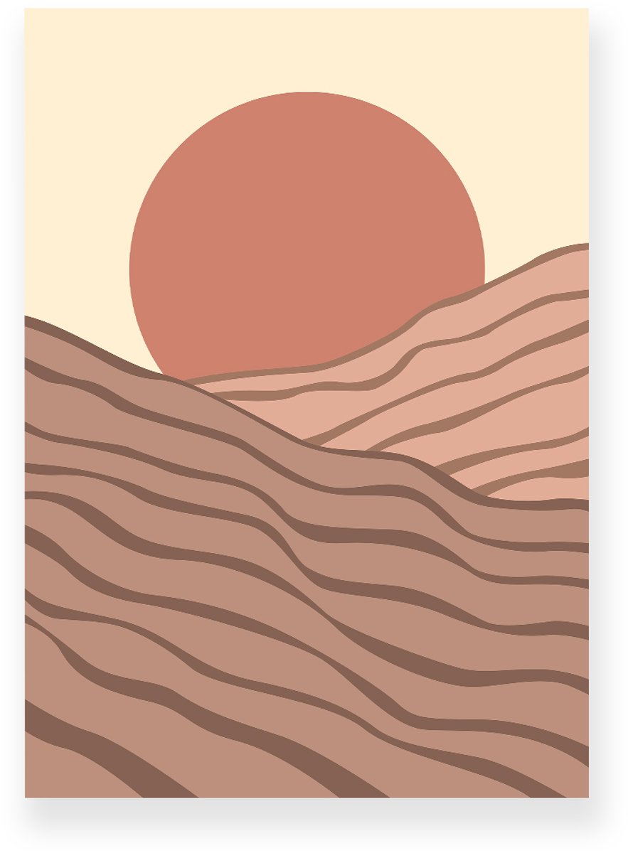 Yisual Poster 50x70 cm - Zonsondergang - Gelaagde Heuvels - Roze - Bruin - Minimalistisch - Landschap - Muurdecoratie - Wanddecoratie