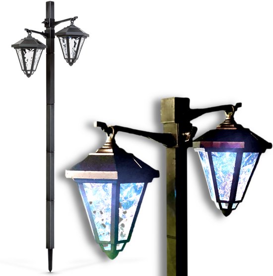 Garden of Eden - Dubbele Landelijke Tuinlantaarn LED Solar op Prikspot - 137cm Hoog - Tuinverlichting / Sfeerverlichting - Zwart - Windlicht Lantaarn op Zonne-Energie - 1 stuk - Hangende Lamp voor Buiten op Standaard