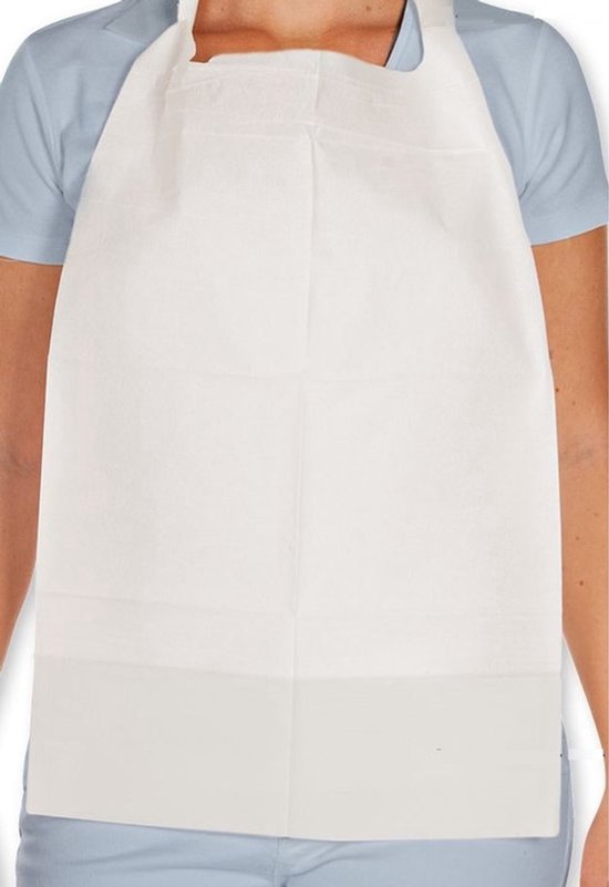 Wit wegwerpslab met opvangzak, gedragen over een lichtblauwe polo.