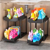Organisateur de cuisine coulissant en 2 pièces - Support de rangement à double couche pour armoire de base avec Crochet pour Cuisine, salle de bain et comptoirs | Métal | 2 options de couleur | Accessoires de cuisine | Solution de rangement - noir