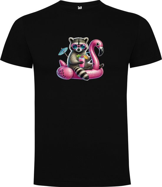 T-shirt Zwart avec imprimé « Raton laveur coloré avec lunettes de soleil, cocktail et flamant Flamingo – Fête – Vacances – Détente » en couleur, taille 3XL