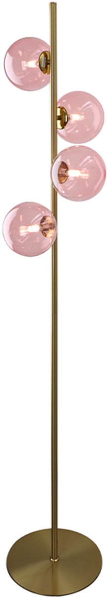 Olucia - REMO - Vloerlamp - Roze / Messing - Vorm: Bol