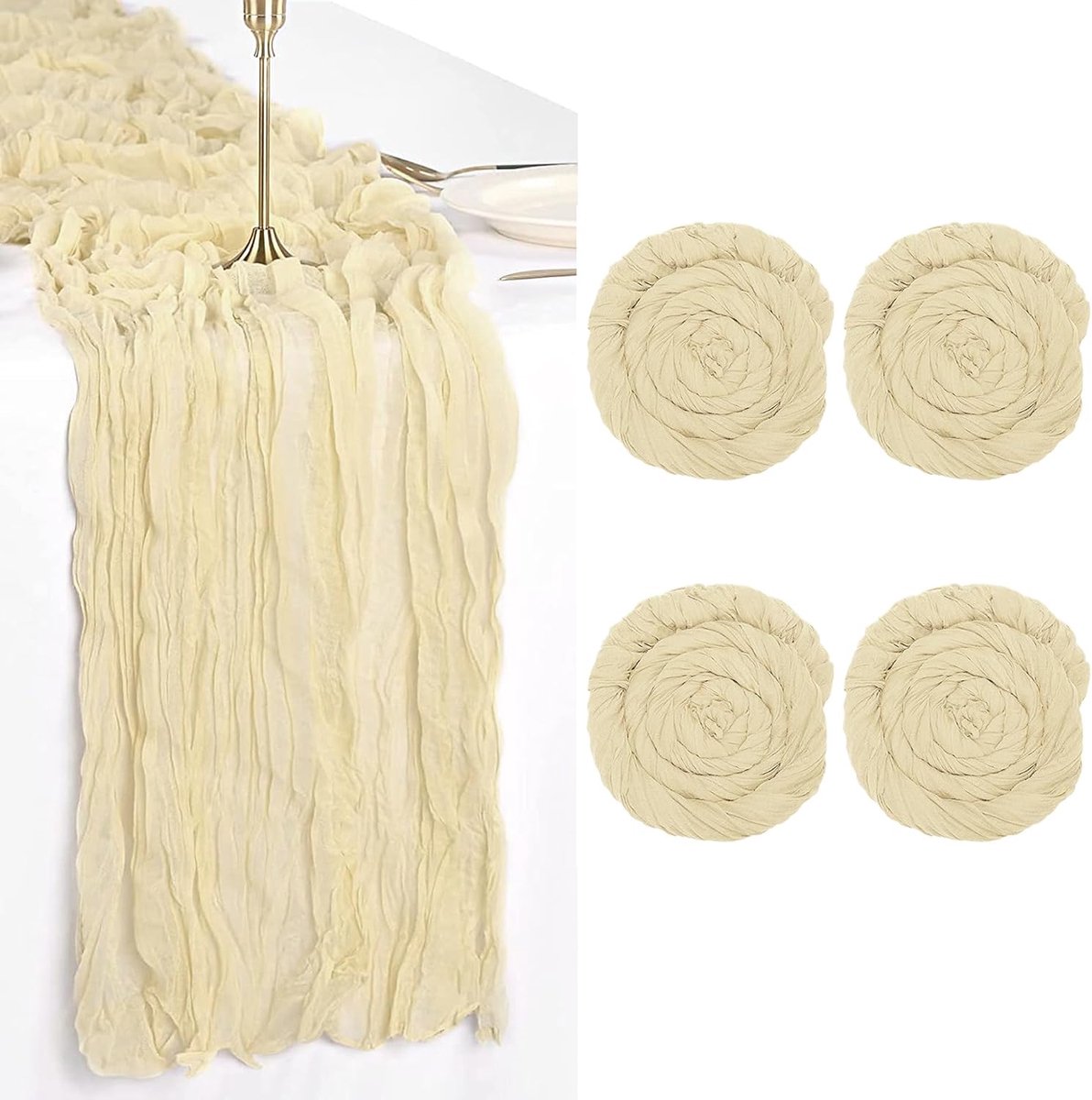 Chemin De Table Mousseline 90x400cm - Gaze Coton Boho Pour Mariage, Anniversaire, Décoration (Beige)