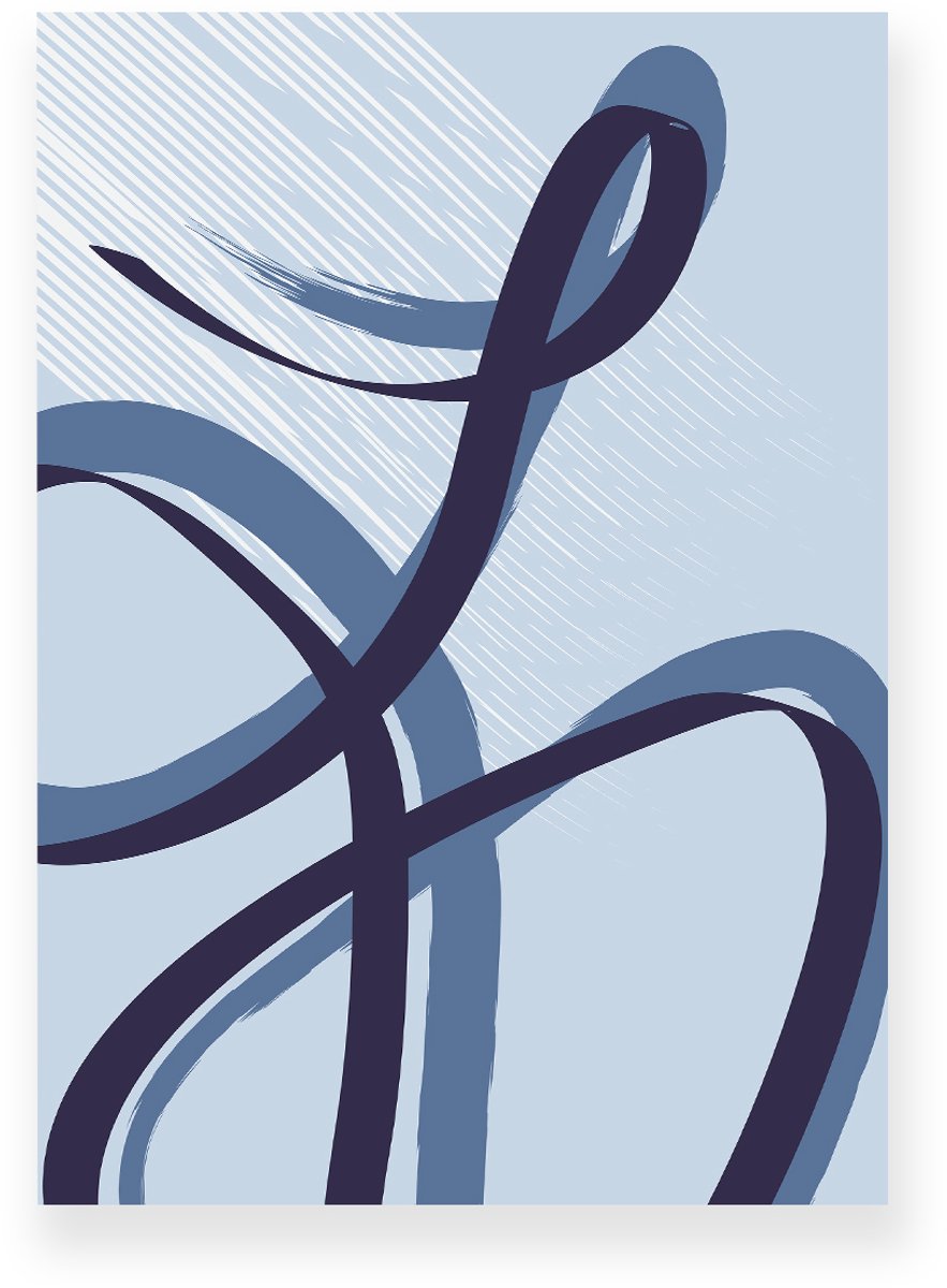 Yisual Poster 20x30 cm - Abstracte Lijnen - Krullen - Blauw - Wit - Abstract - Modern - Muurdecoratie - Wanddecoratie