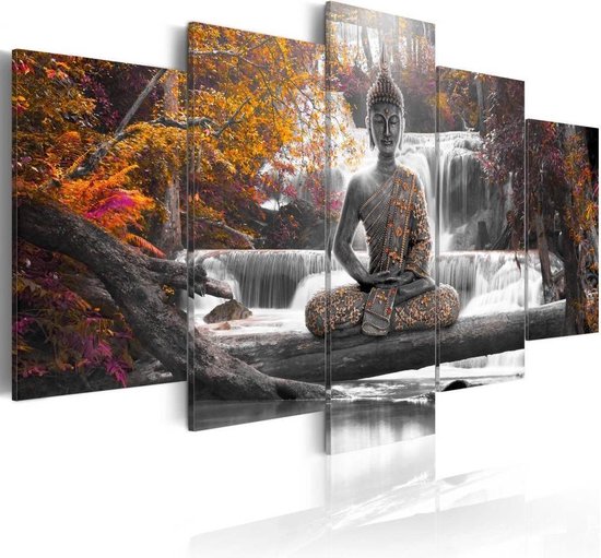 Schilderij - Herfst Boeddha waterval bos 5 luik