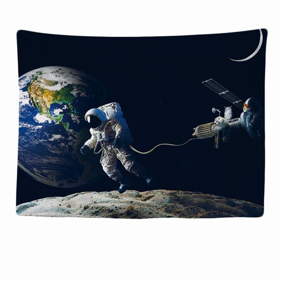 Ulticool - Astronaut boven Aarde Maan Raket - Wandkleed - Groot wandtapijt - 200x150 cm - Poster Heelal Planeten - Slaapkamer kinderen