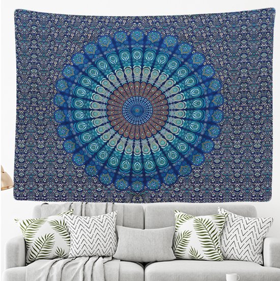 Ulticool - Tapis Mandala - Tapisserie - 200x150 cm - Groot Tapisserie en Tissu - Affiche - Blauw/ Wit