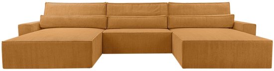 Hoekbank – Luxe Comfort en Functionaliteit – 410 x 85 cm – Slaapfunctie met Ruim Bed – Slijtvaste Stof – DENVER U – Poso 01 Donkergeel