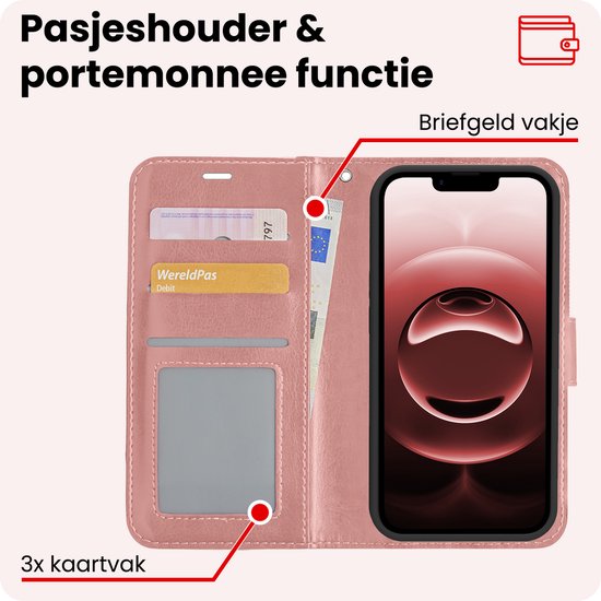Hoesje - Met 2x Screenprotector - Geschikt voor Apple iPhone 16e / 17e - Luxe Pasjeshouder - Bookcase Portemonee - Flip Case - Kunstleer Book Case - Flipcase Hoes - Book Cover - Walletcase - Portemonneehoes - Rosé goud
