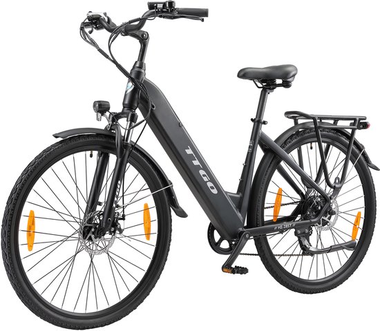 Elektrische Fiets TTGO HZ 28ST Zwart - 720Wh/20Ah Accu - 110 km Bereik - 250W Motor - Hoogwaardig Laag Instap Frame - 28 Inch Wielen - Shimano 7 Versnellingen - LCD Display - Stadsfiets