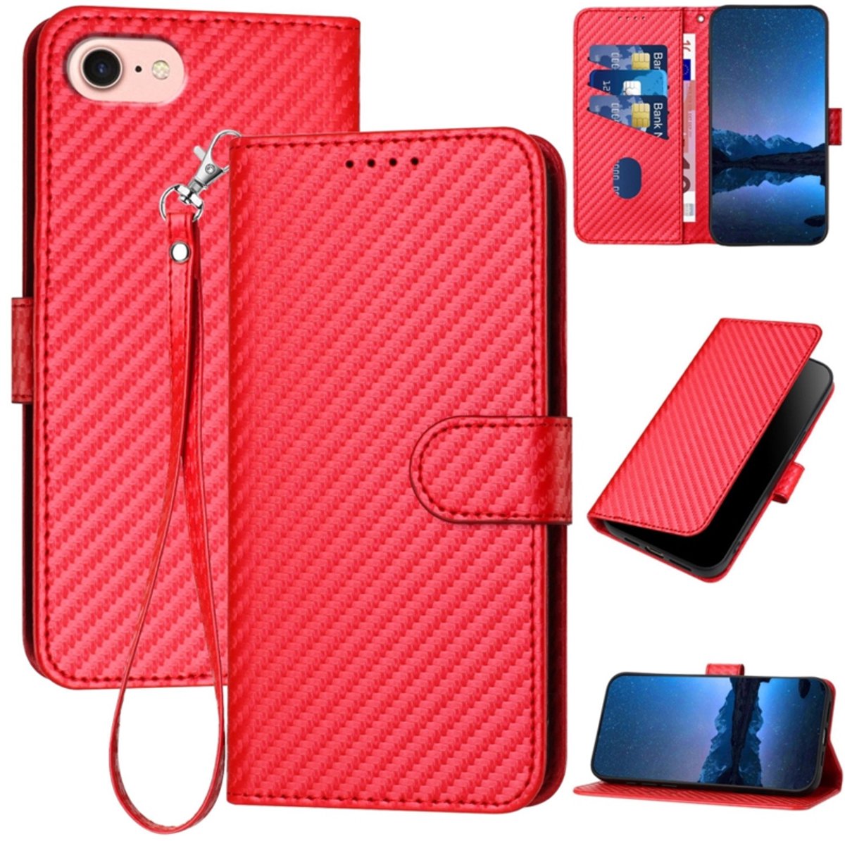 Luxe BookCover Hoes Etui geschikt voor Apple iPhone 16e - iPhone 17e - Rood - Carbon