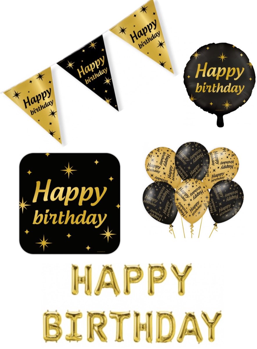 Happy Birthday Classy Party decoration pakket – luxe glamour goud zwart ballonnen – folieballonnen – vlaggenlijn