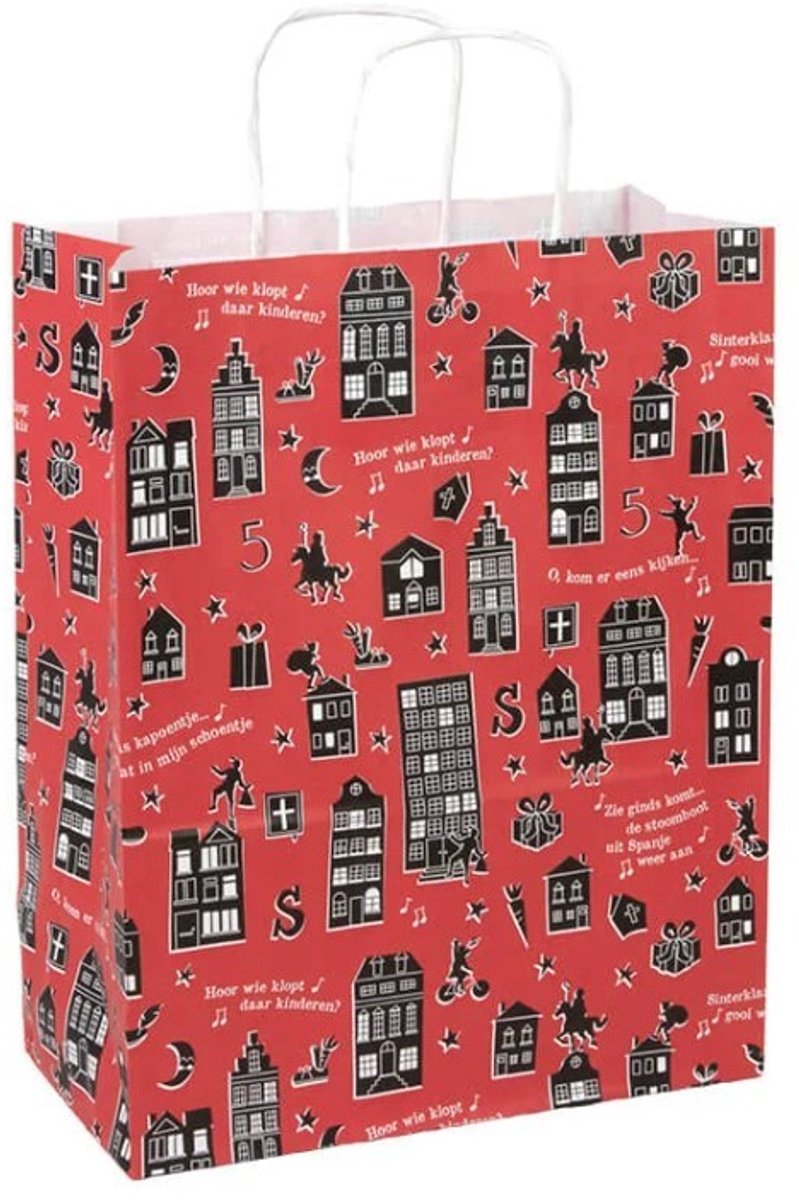 5 Cadeau tassen - Sinterklaas - Rood - Zwart - A5