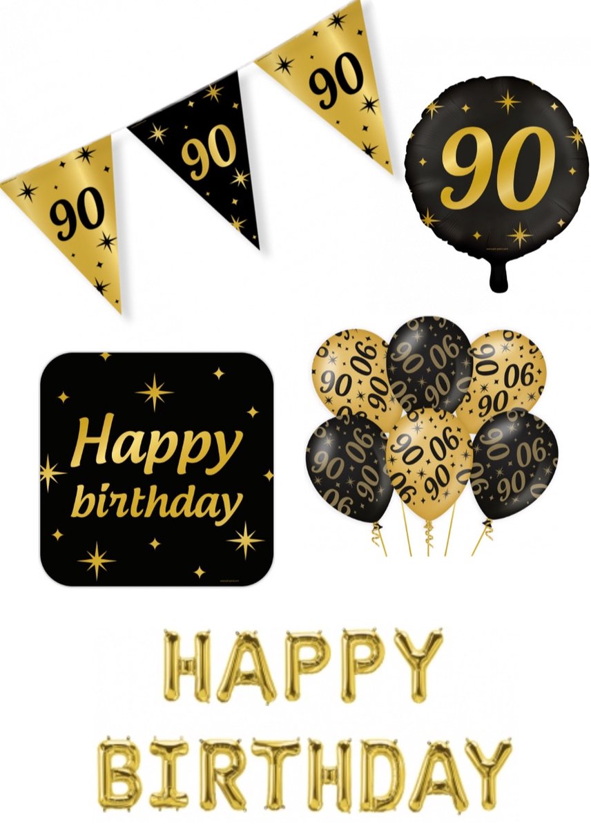 90 jaar Classy Party decoration pakket – luxe glamour goud zwart ballonnen – folieballonnen – vlaggenlijn