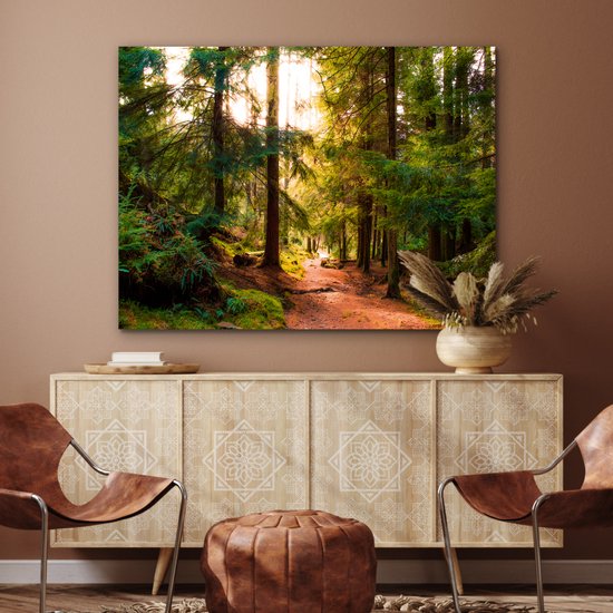 Aluminium schilderij 120x90 cm - Wanddecoratie metaal - Bos - Pad - Bomen - Groen - Zon - Natuur - Metalen muurdecoratie woonkamer - Decoratie industrieel - Foto op dibond - Industriële accessoires slaapkamer