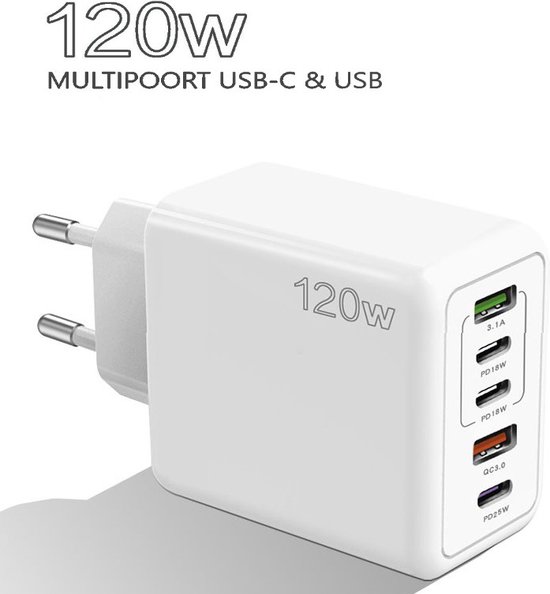 USB Adapter & Type-C Adapter - 5 Multipoort - USB Stekker - Reisstekker - Snelladen functie - USB-C Stekker - Wit - Wereldstekker - Usb lader
