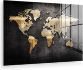 MuchoWow® Glasschilderij 120x80 cm - Schilderij acrylglas - Wereldkaart - Goud - Zwart - Foto op glas - Muurdecoratie woonkamer - Wanddecoratie slaapkamer - Schilderijen