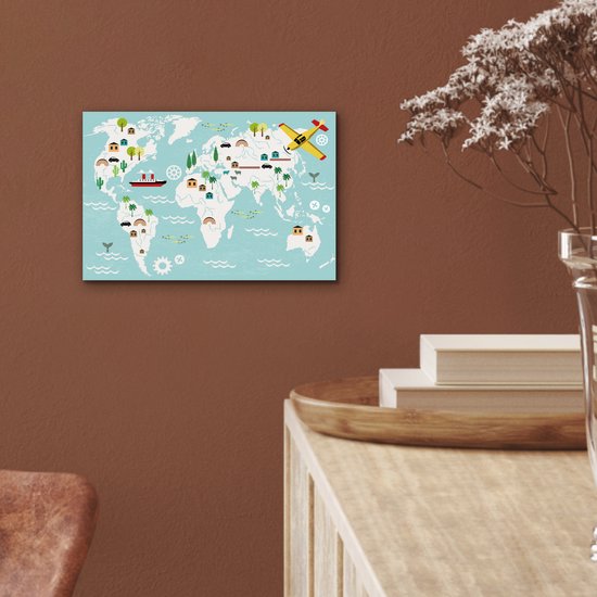 Décoration murale Métal - Peinture Aluminium - Wereldkaart - Enfants - Avion - Nature - 30x20 cm