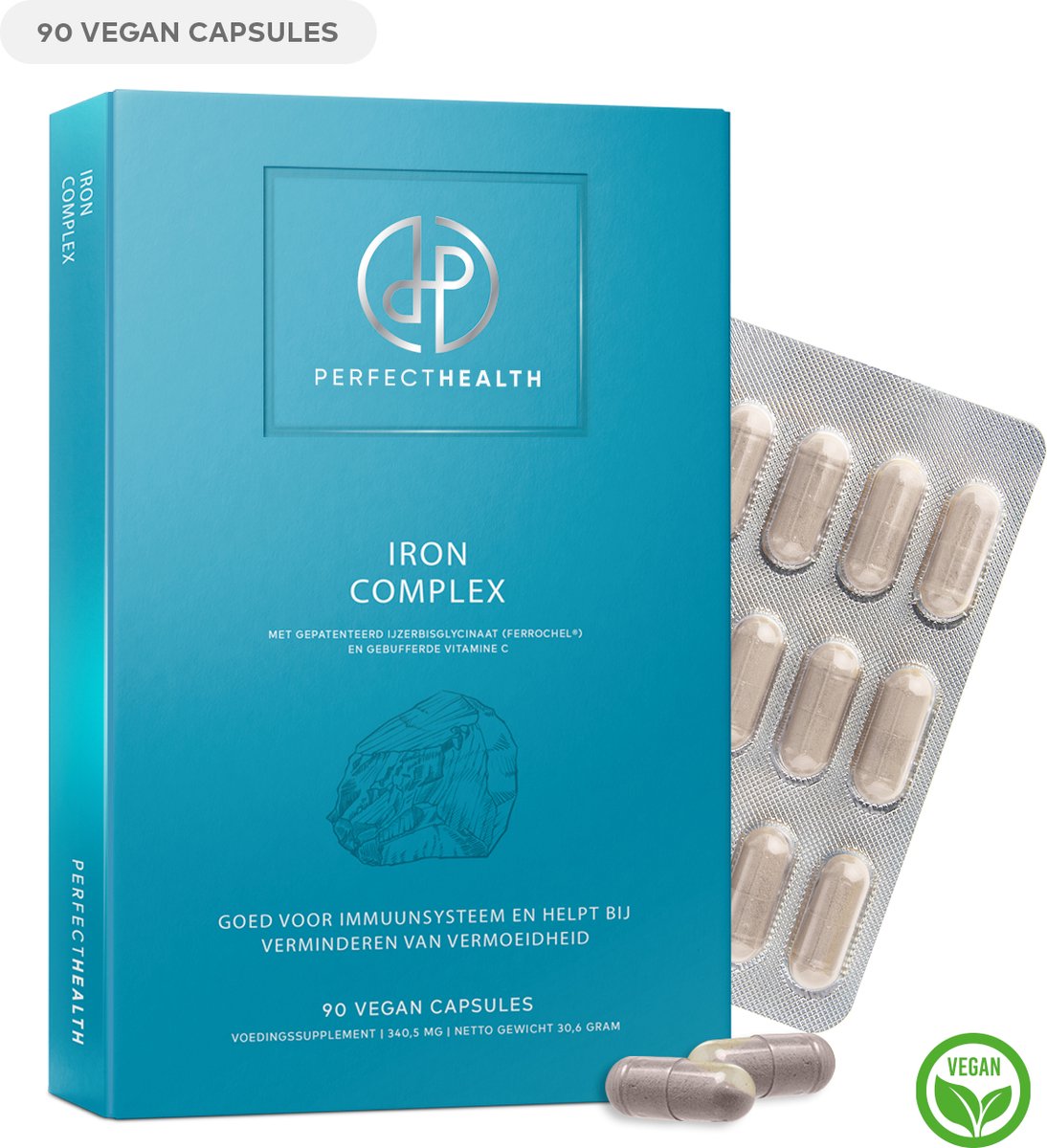 Goedkoopste Perfect Health - Ijzer Bisglycinaat 100mg Capsules - Vermoeidheid Te Lijf - Gebufferde Vitamine C - Hoge Dosering - Vegan - 90 Stuks