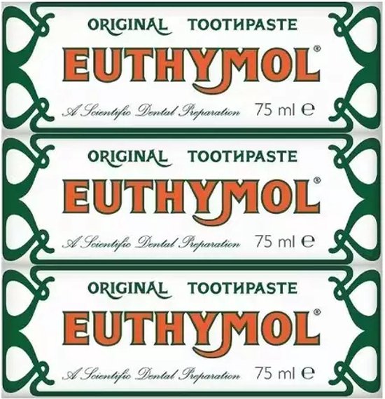 Drie Euthymol Original tandpastabuizen van 75 ml elk, met de tekst 'A Scientific Dental Preparation'.