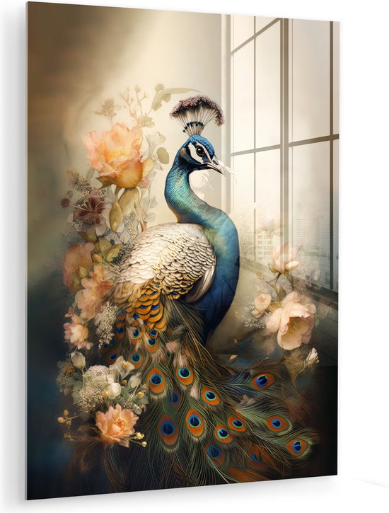 MuchoWow® Peinture sur verre - Paon - Plumes de paon - Fleurs - Vogels - Botanique - 60x80 cm - Peintures sur verre acrylique - Photo sur Glas