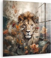 MuchoWow® Tableau sur verre 20x20 cm - Peinture acrylique sur verre - Lion - Animaux sauvages - Plantes - Nature - Fleurs - Photo sur verre - Décoration murale salon - Décoration murale chambre - Peintures