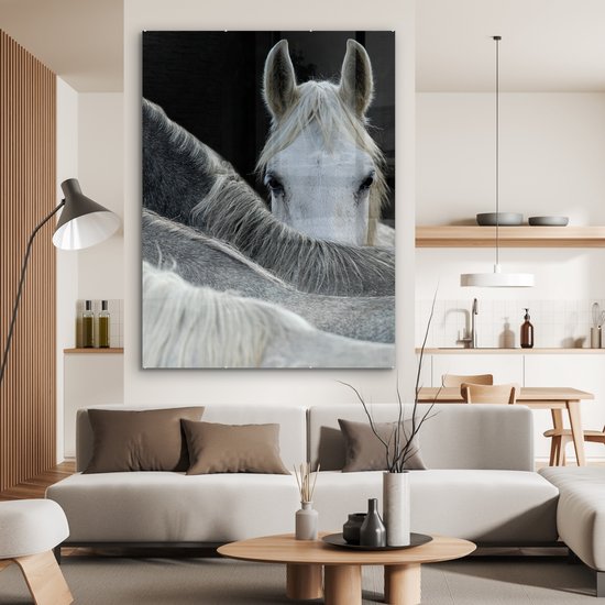 MuchoWow® Tableau sur verre 120x160 cm - Tableau sur verre acrylique - Paarden - Animaux - Zwart - Wit - Photo sur verre - Décoration murale salon - Décoration murale chambre - Peintures