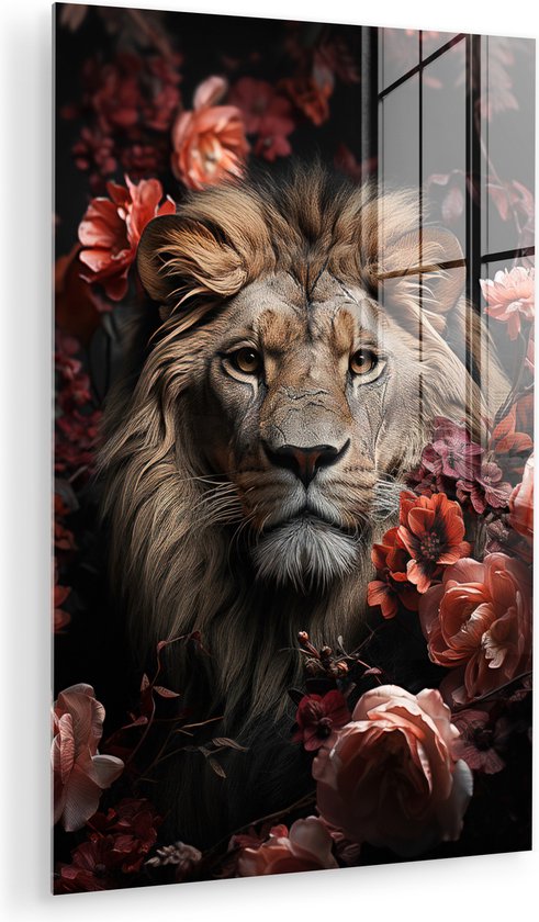 MuchoWow® Glasschilderij 60x90 cm - Schilderij acrylglas - Leeuw - Dier - Natuur - Botanisch - Bloemen - Roze - Foto op glas - Muurdecoratie woonkamer - Wanddecoratie slaapkamer - Schilderijen