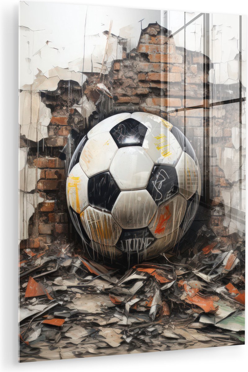 MuchoWow® Glasschilderij 60x80 cm - Schilderij acrylglas - Voetbal - Muur - Zwart - Wit - Foto op glas - Muurdecoratie woonkamer - Wanddecoratie slaapkamer - Schilderijen