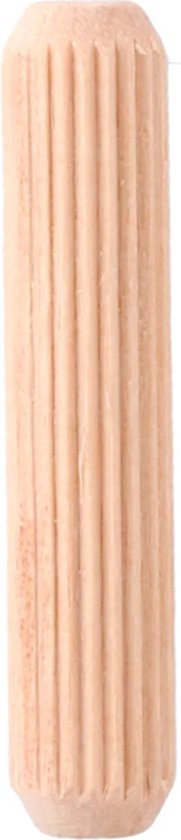 Een gegroefde houten deuvel van 8x40 mm, licht van kleur en met verticale ribbels.