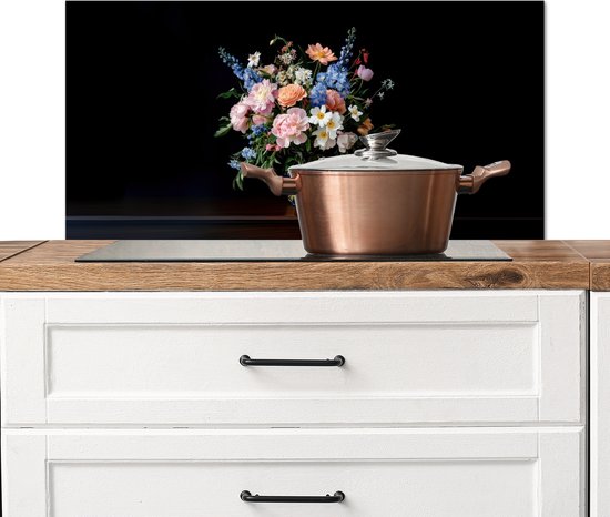 Crédence de Cuisinière en Aluminium 80x40 cm - Pastel - Fleurs - Vase - Écran Pare-éclaboussures pour Plaque de Cuisson - Protection Murale