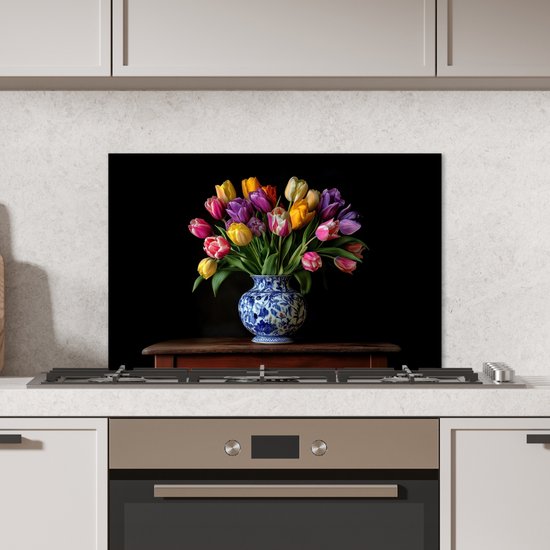 Crédence de Cuisinière en Aluminium 60x40 cm - Tulipes - Couleurs - Vase - Écran Pare-éclaboussures pour Plaque de Cuisson - Protection Murale