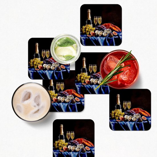 Dessous de verre Champagne - Luxe - Huîtres - 10x10 cm - 6 morceaux - Sous pour Verres et Tasses