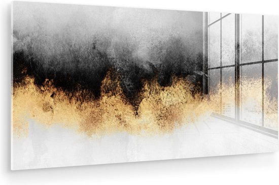 MuchoWow® Peinture sur Verre - Goud - Chic - Abstrait - Zwart - Wit - Luxe - 80x40 cm - Peintures sur Verre Acrylique - Photo sur Glas