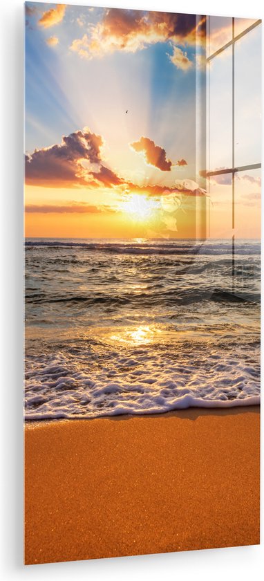 Tableau sur verre - Photo sur verre - Coucher de soleil - Plage - Mer - Nuages - Tableau de plage - Plaque acrylique - Décoration murale - Tableau sur Glas - Verre acrylique - 60x120 cm - Peintures de salon